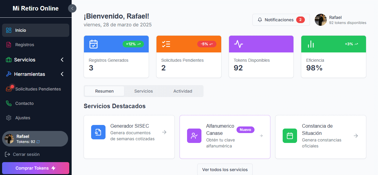 Dashboard principal del sistema Mi Retiro Online