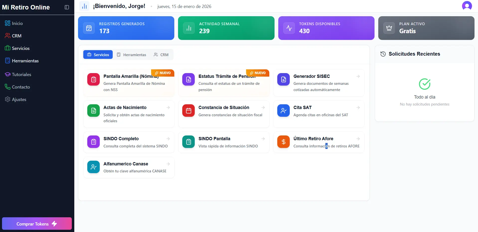 Dashboard principal del sistema Mi Retiro Online